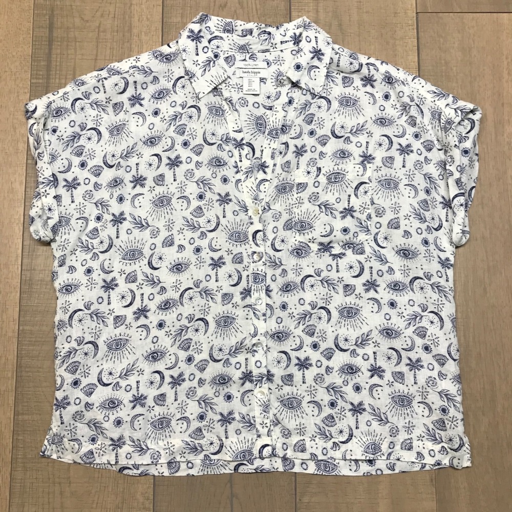 Haute Hippie Linen Shirt Womens Size L Button Up V-neck Blue Tropical Vacation